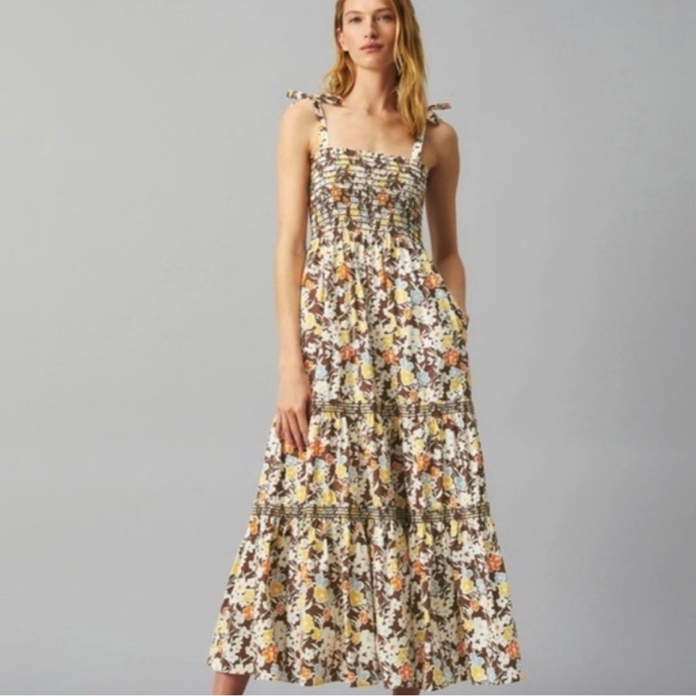 Tory Burch Floral Tie-Shoulder Maxi Dress in Cream, Brown, Yellow